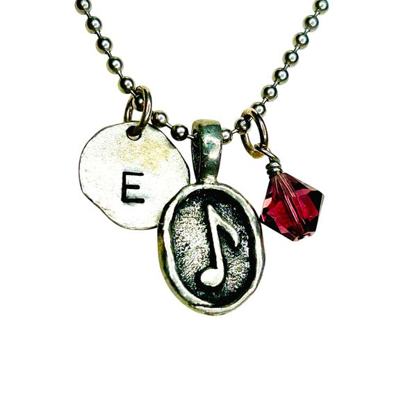 Jewel Kade Monogram E Music Note Silver Tone Ball Chain Charm Necklace - Picture 3 of 6